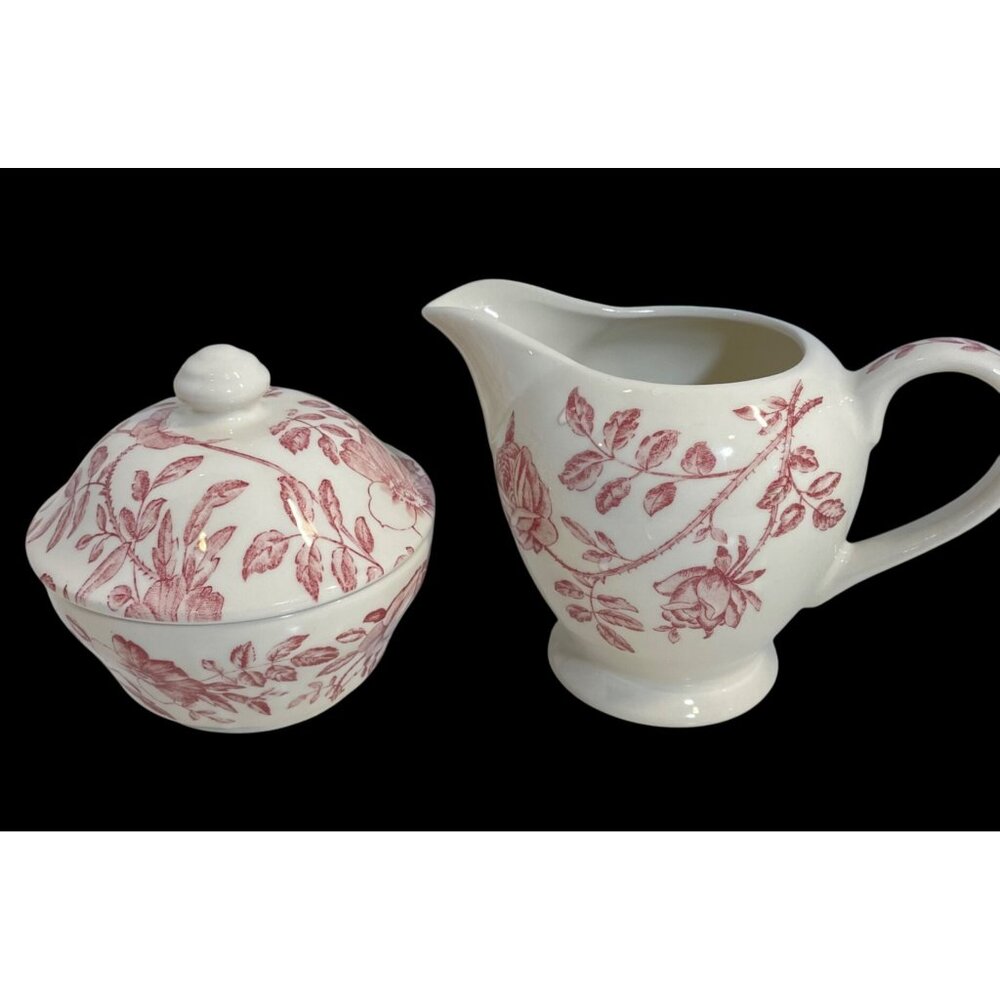 Churchill England Red Floral Creamer & Sugar Bowl Set Fine China Microwave Safe